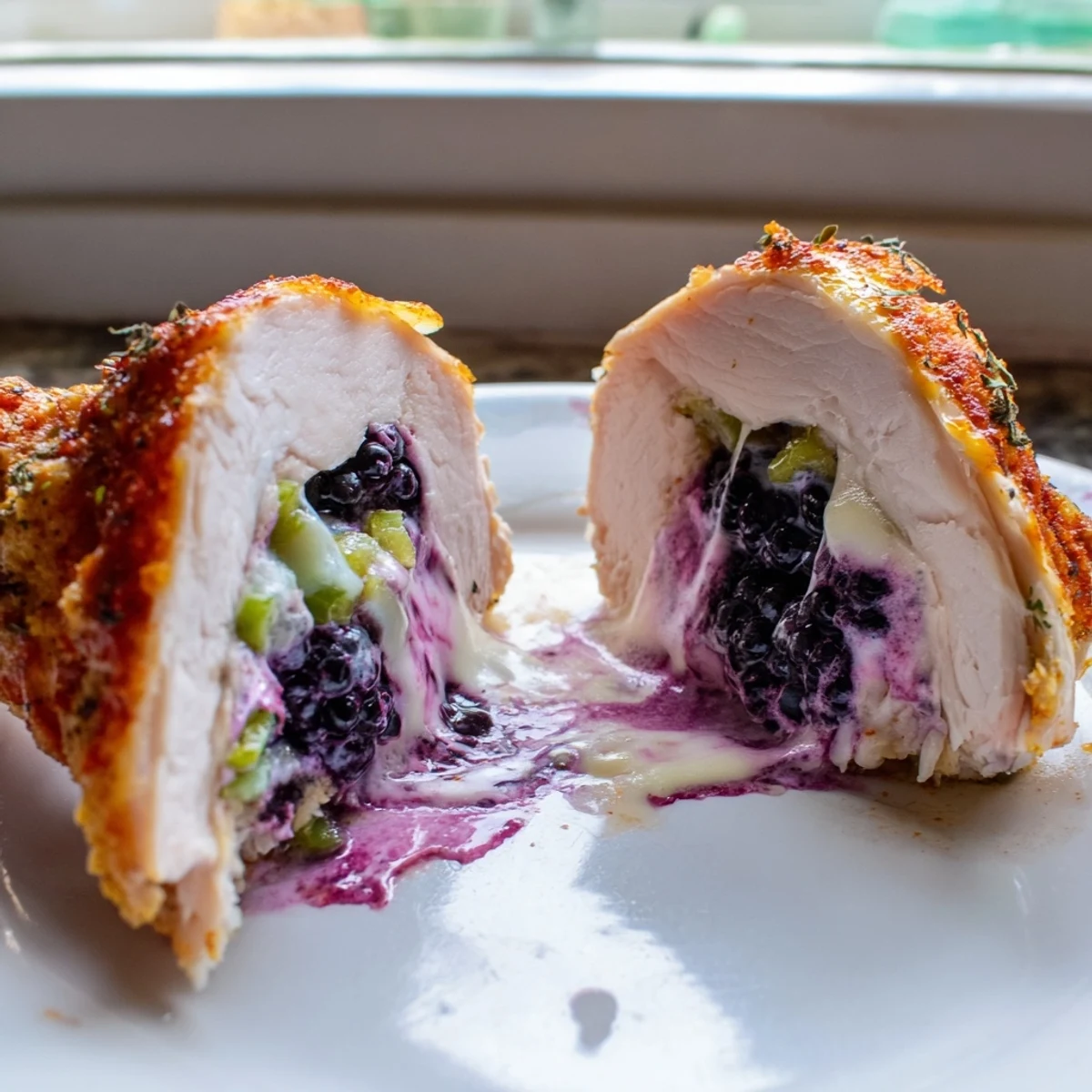 Melty Blackberry Jalapeno Stuffed Chicken with bubbly purple filling spilling from golden baked breast