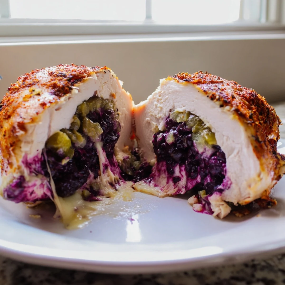 Golden crusted Melty Blackberry Jalapeno Stuffed Chicken served on a rustic white plate