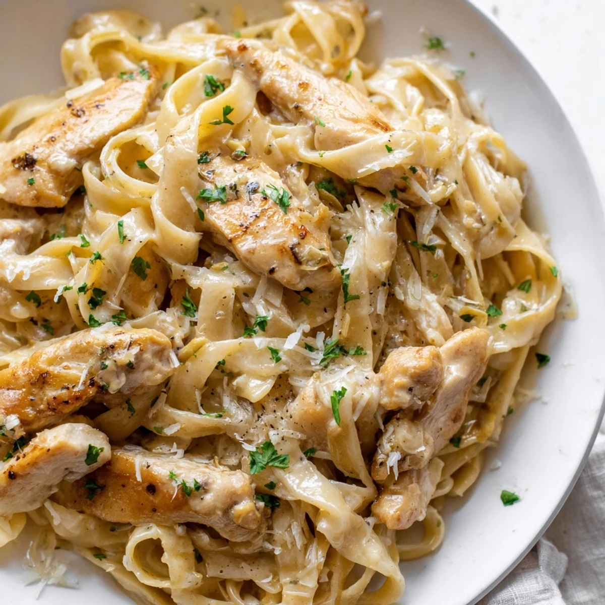 Creamy garlic parmesan chicken pasta tossed in a rich velvety white sauce