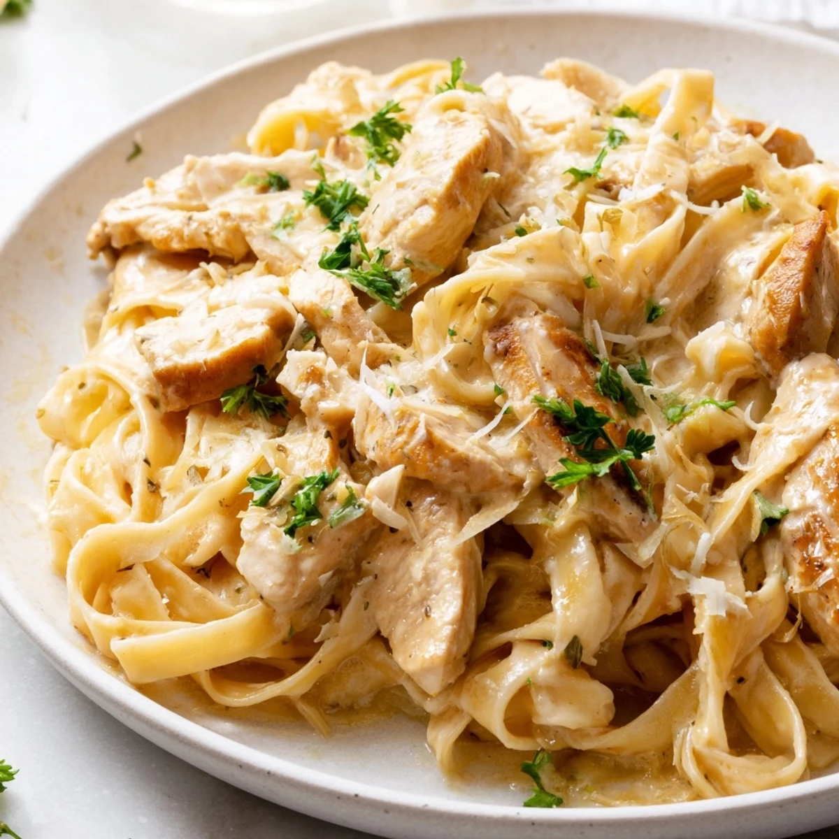 Golden pan-seared chicken over creamy garlic parmesan chicken pasta with fresh parsley garnish