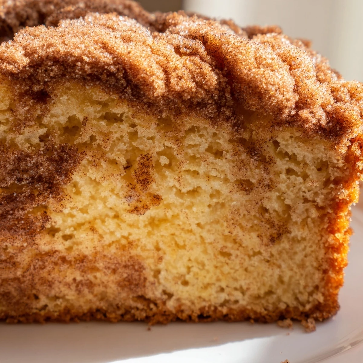 Golden cinnamon donut loaf sliced thick with a sparkling cinnamon sugar crust