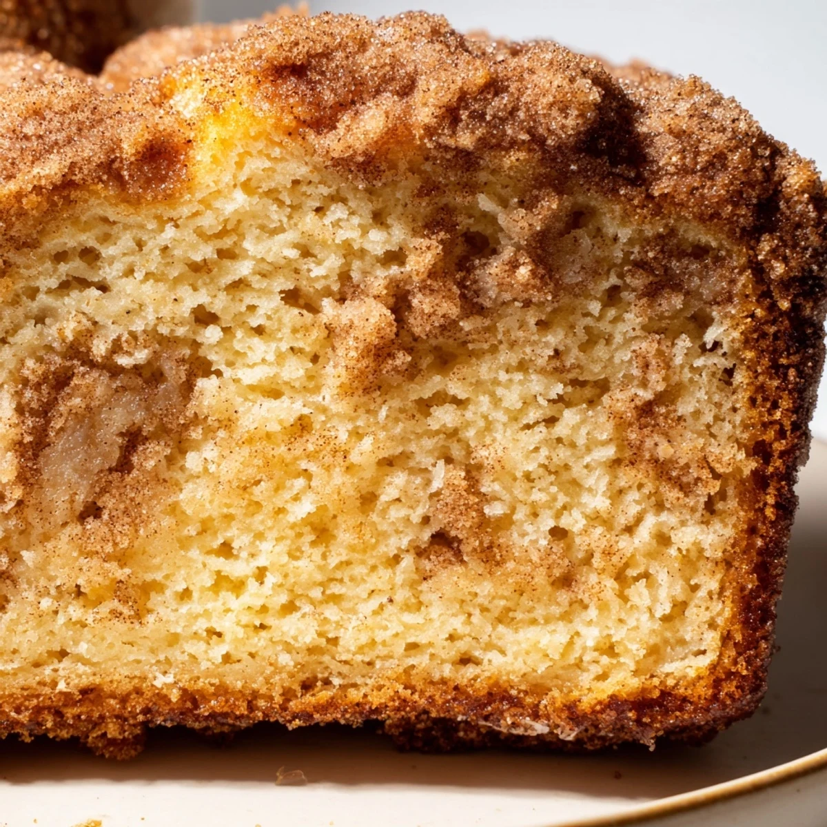 Warm cinnamon donut loaf brushed with melted butter on a rustic cooling rack