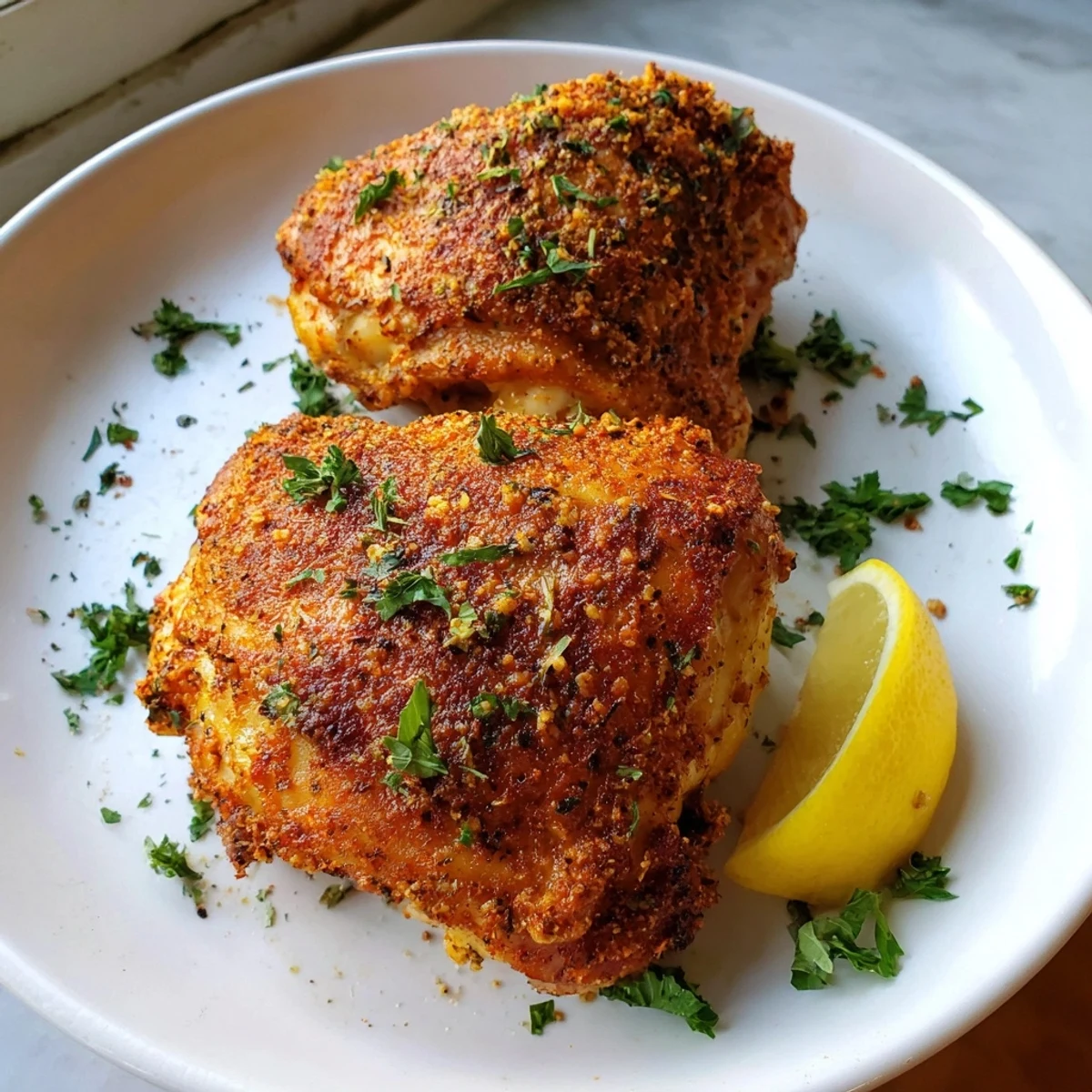 Golden crispy oven baked chicken thighs with herb seasoning on a rustic baking sheet