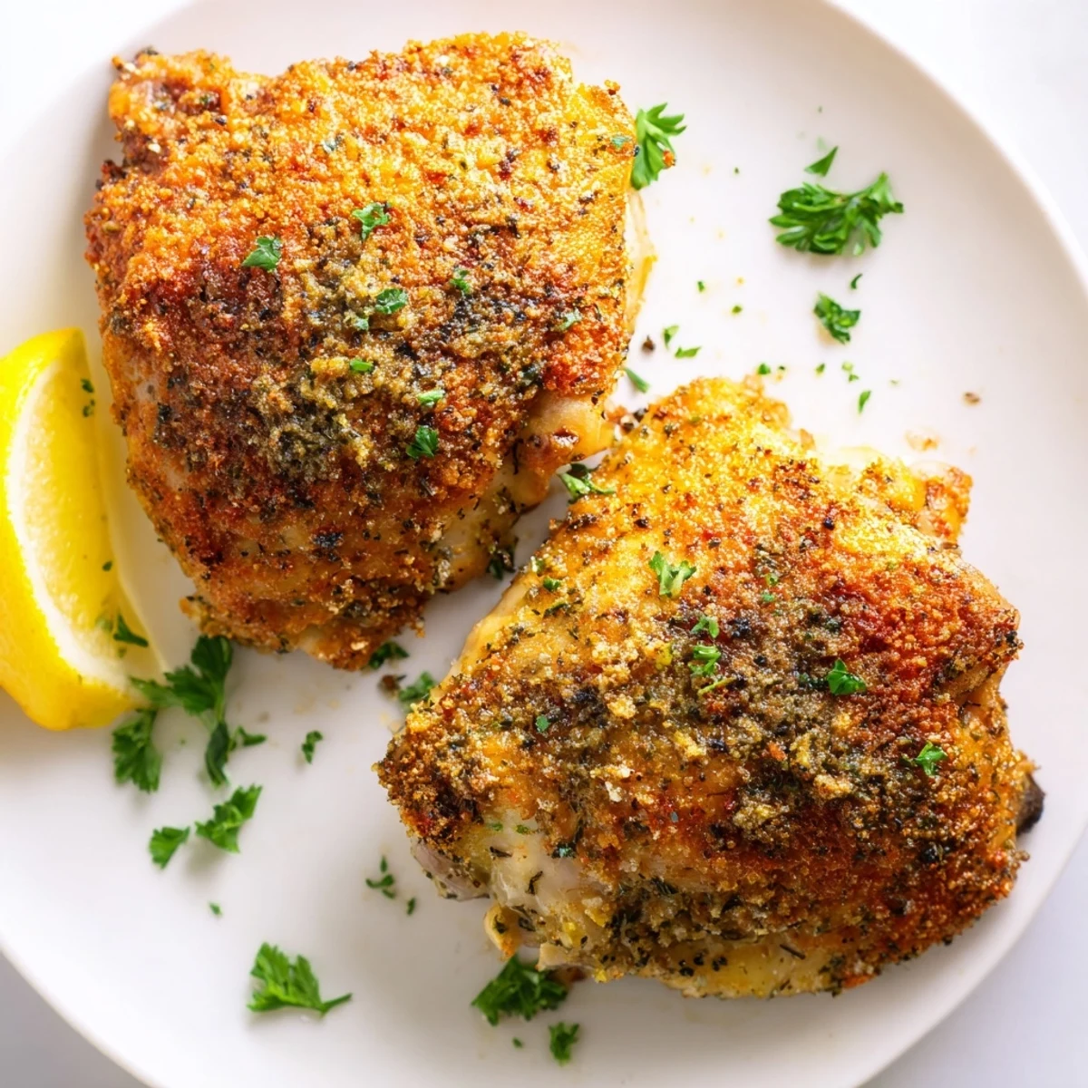 Juicy oven baked chicken thighs garnished with fresh parsley and bright lemon wedges
