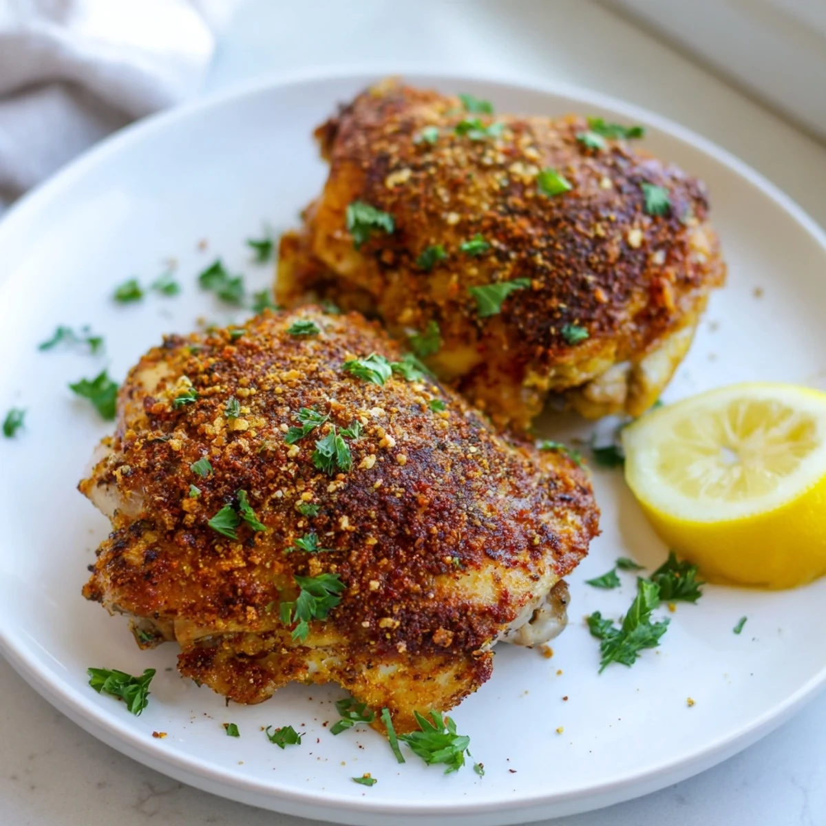 Perfectly roasted oven baked chicken thighs with golden skin served over creamy mashed potatoes