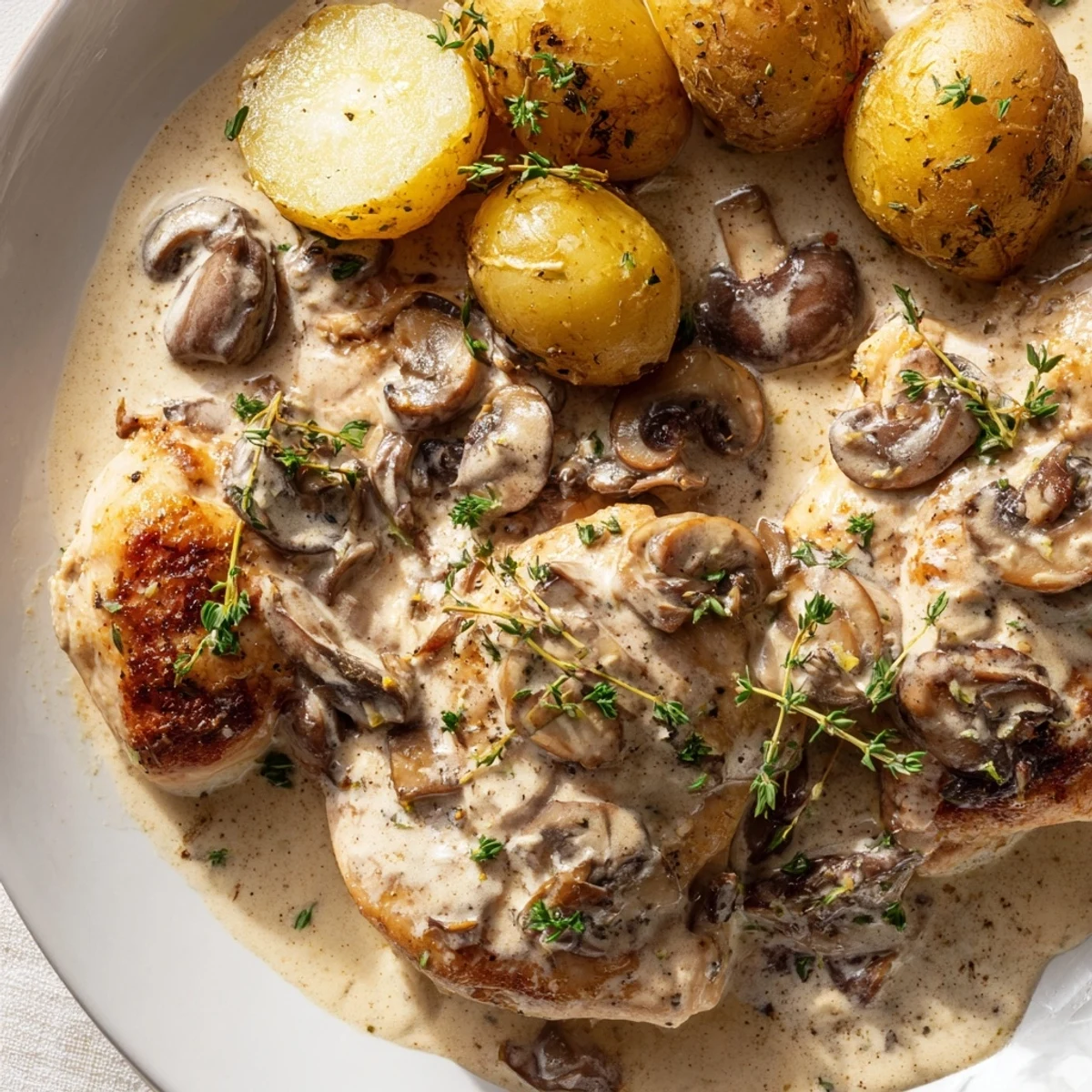 Golden seared chicken nestled in creamy mushroom sauce beside crispy herb potatoes on a rustic plate