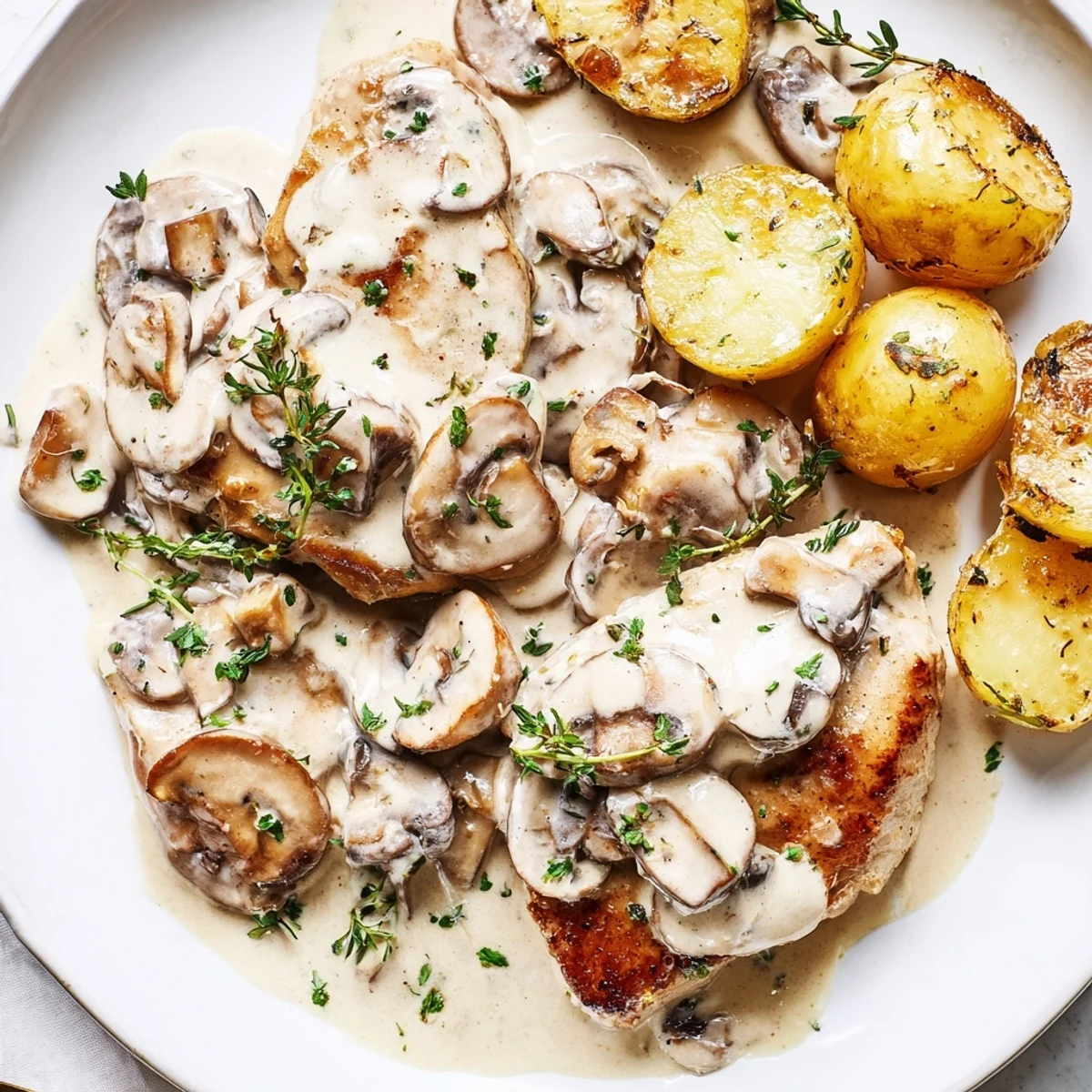 Tender creamy mushroom chicken draped in rich velvety sauce with golden herb-roasted potato halves