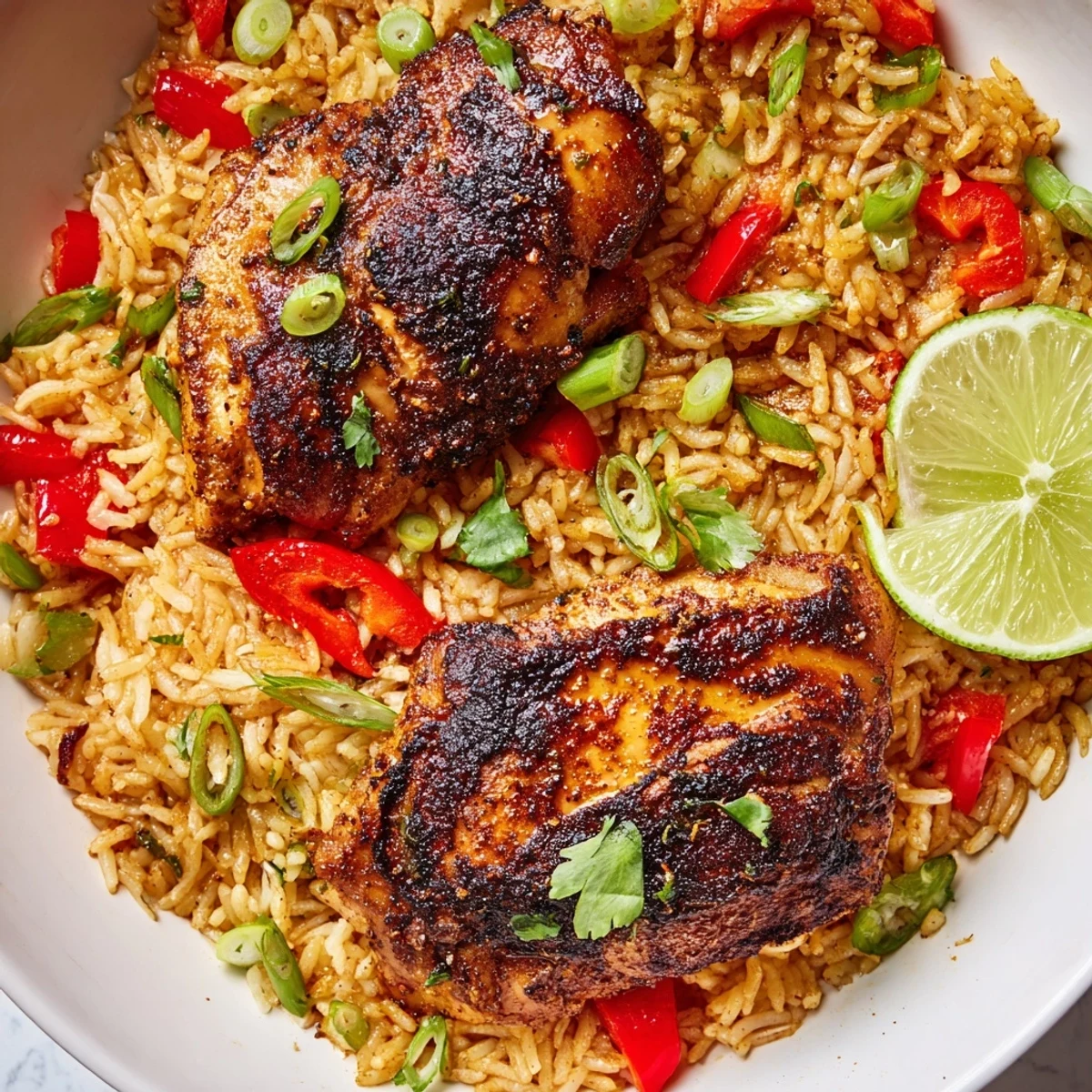 Spicy jerk chicken rice served steaming in a cast iron skillet with fresh herbs