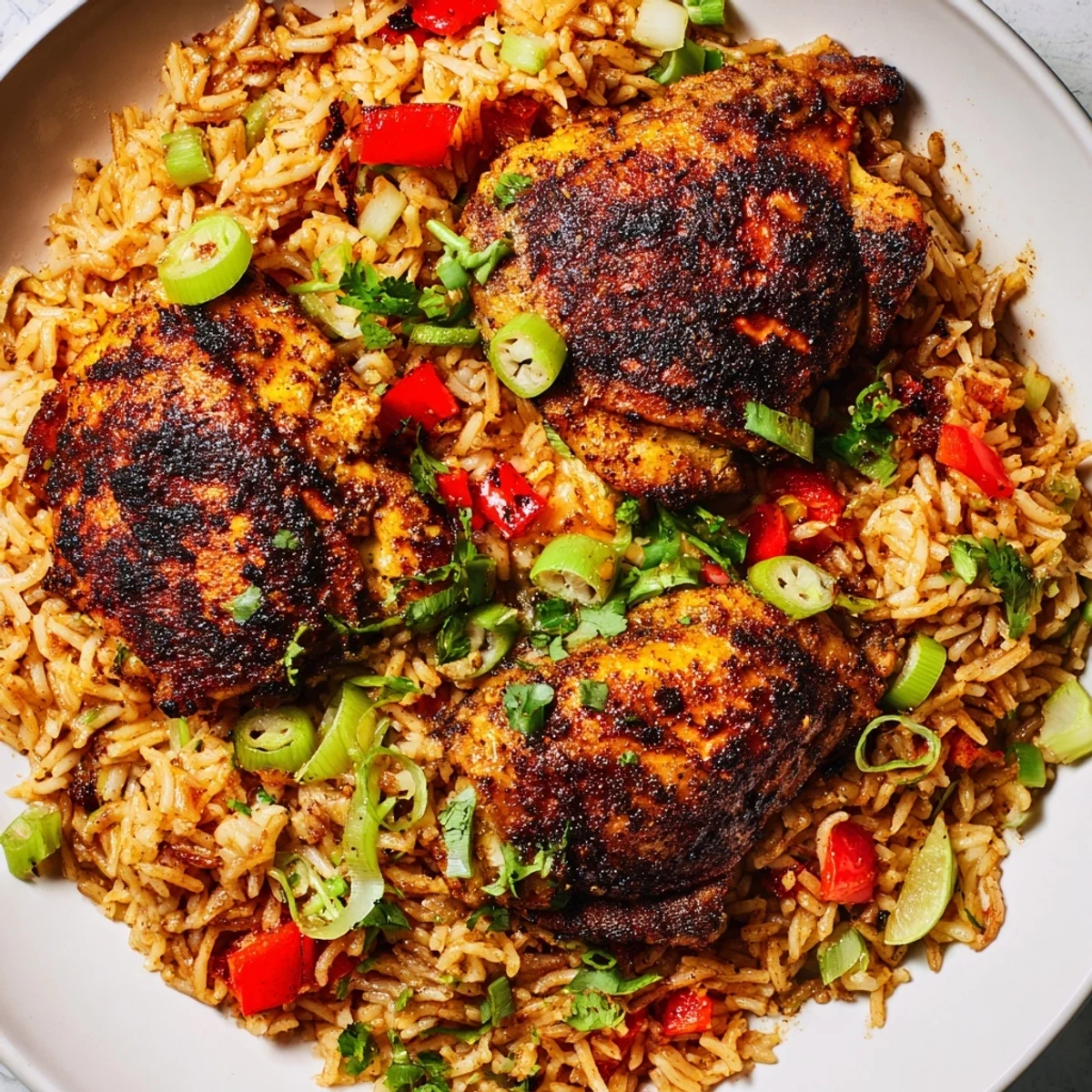 Golden seared spicy jerk chicken rice garnished with lime wedges and spring onions