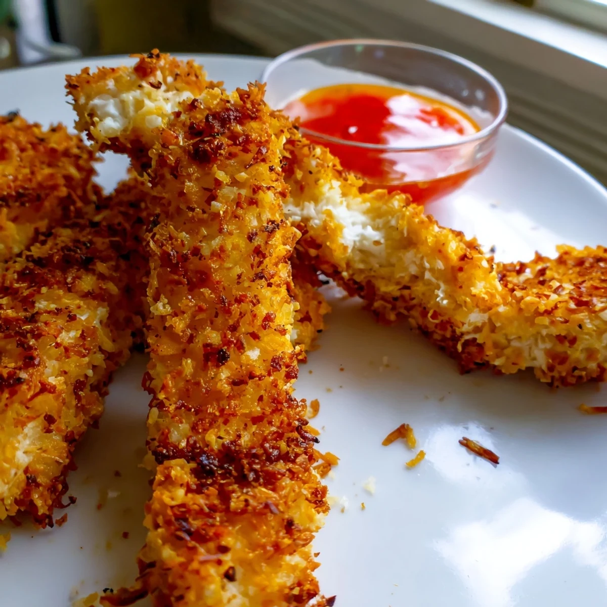 Golden coconut chicken strips with a crispy crust served alongside sweet chili dipping sauce