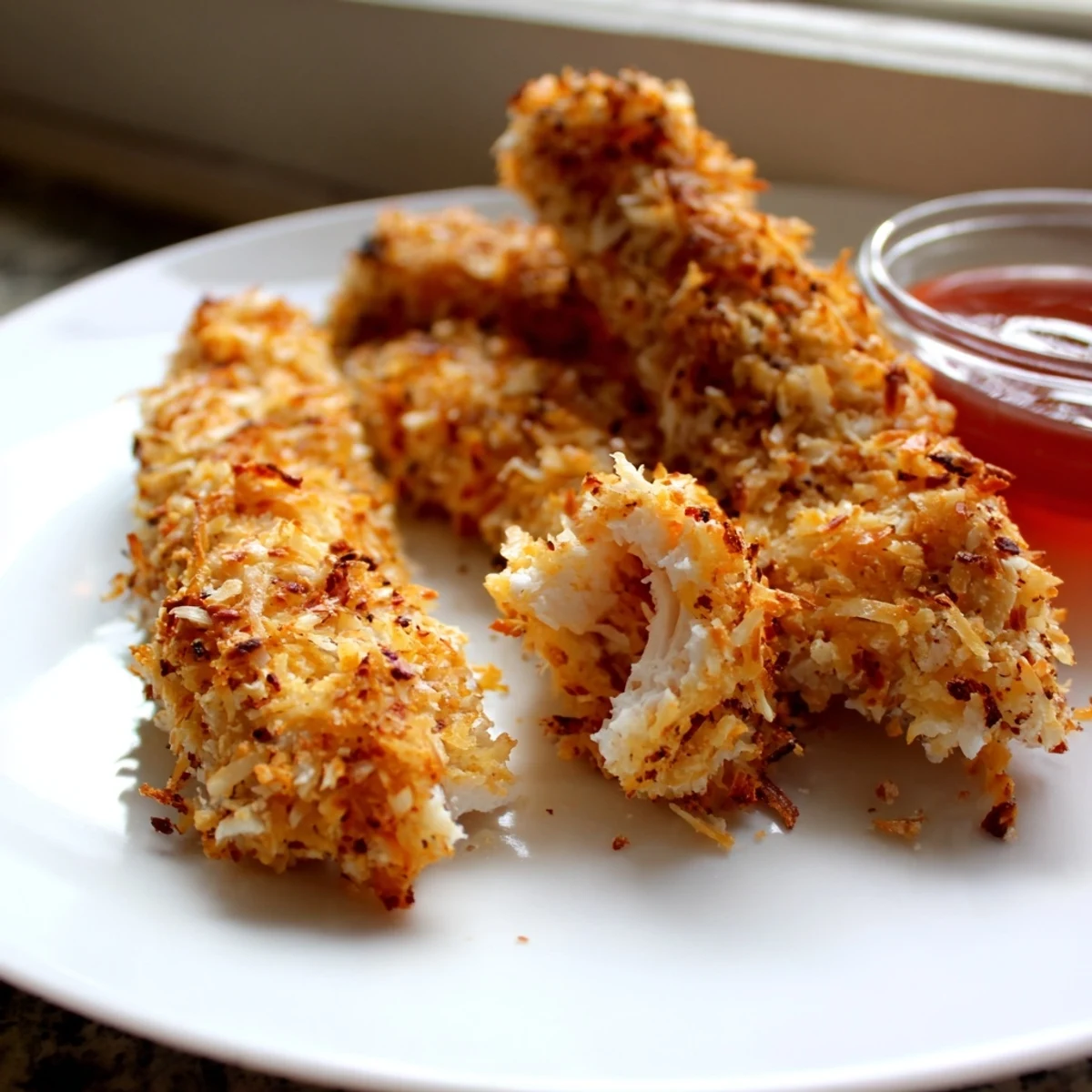 Crispy coconut-crusted chicken tenders piled on a plate with a tangy mango chutney dip
