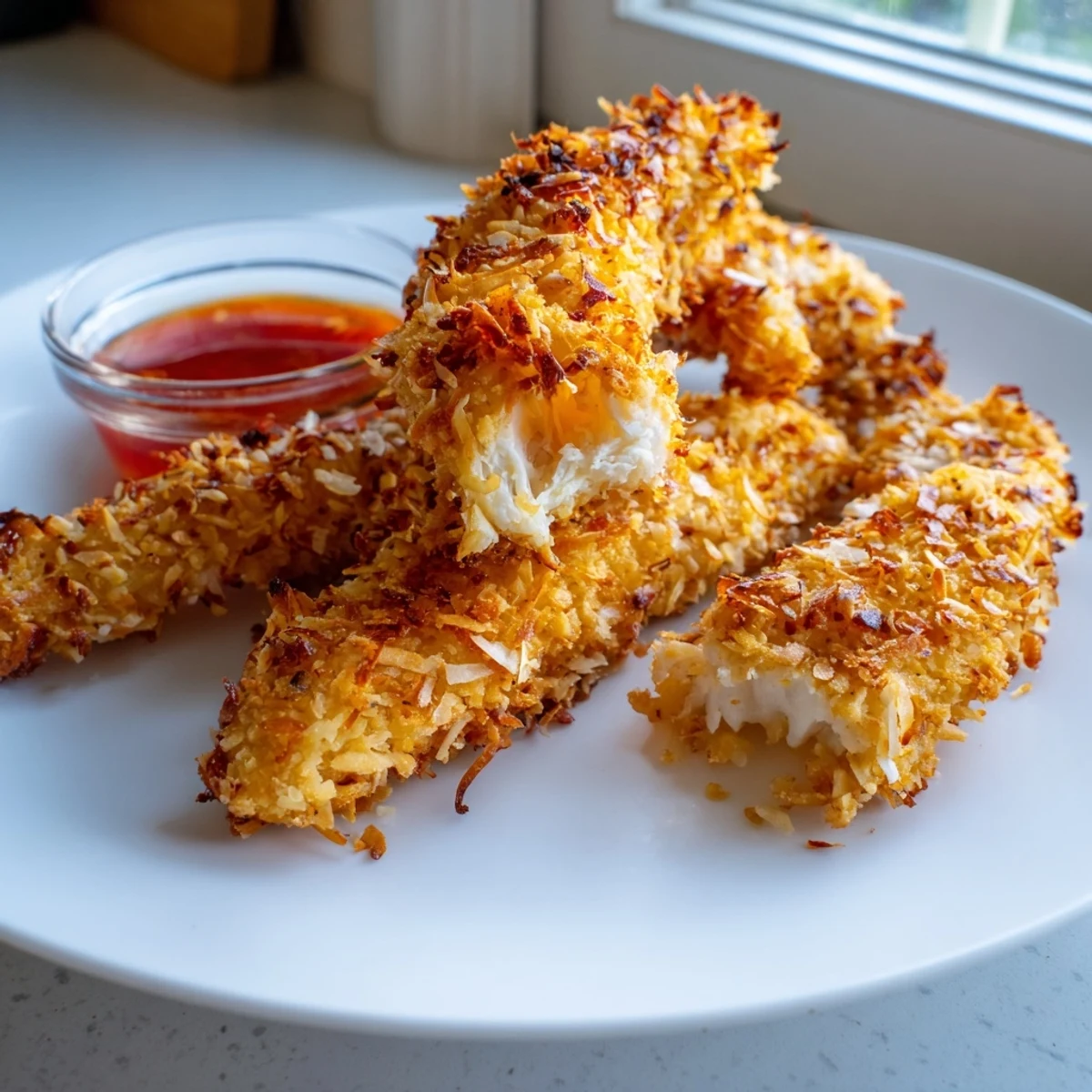 Crunchy coconut chicken fresh from the skillet arranged on a rustic wooden serving board
