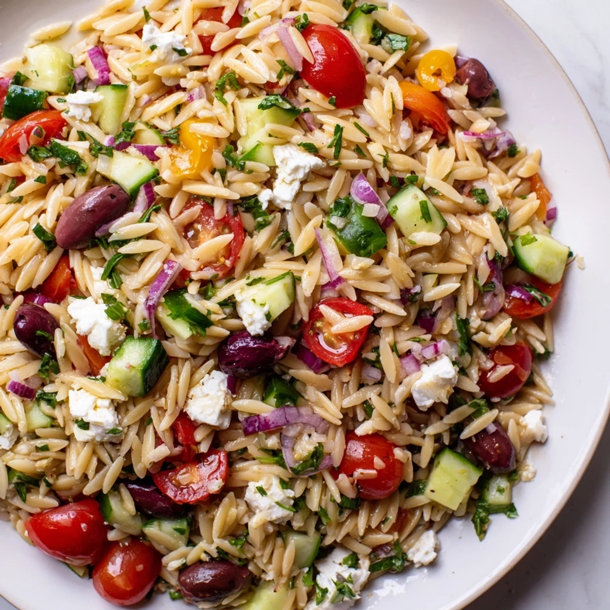 Bright Mediterranean Orzo Pasta Salad with juicy tomatoes, cucumber, and crumbled feta on a rustic plate
