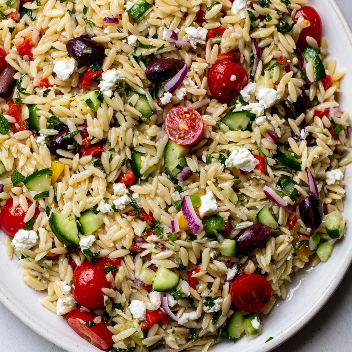 Close-up of Mediterranean Orzo Pasta Salad glistening with lemon olive oil dressing and fresh herbs