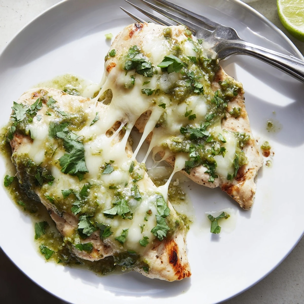 Cheesy Grilled Salsa Verde Pepper Jack Chicken topped with melted cheese and fresh cilantro on a rustic plate