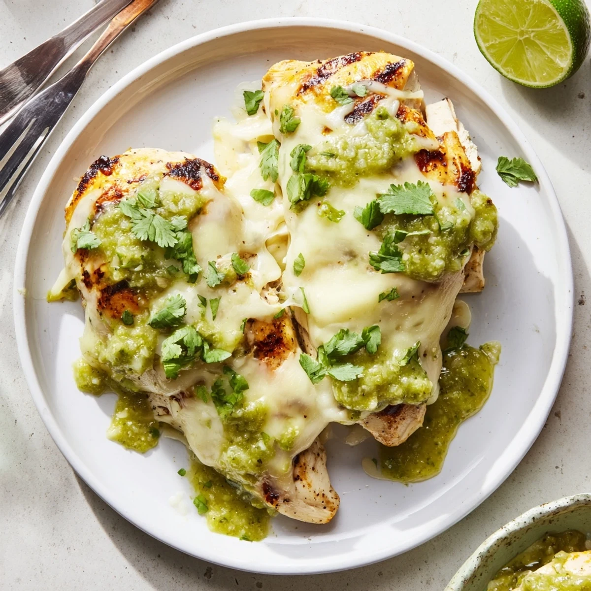 Juicy Cheesy Grilled Salsa Verde Pepper Jack Chicken sizzling off the grill with charred edges and gooey cheese