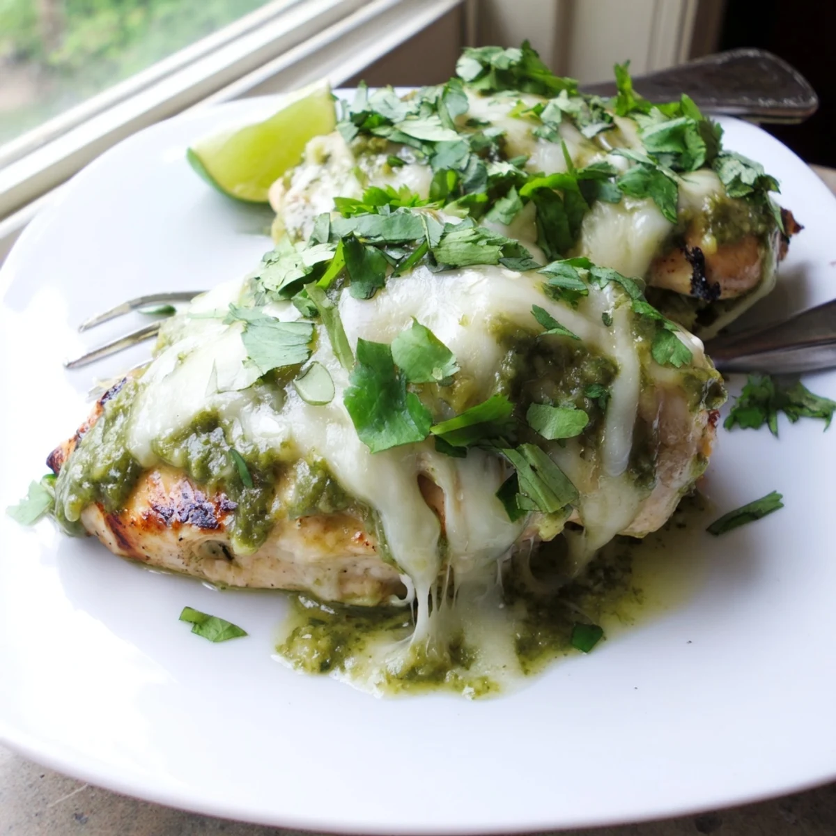 Golden grilled chicken smothered in tangy salsa verde with bubbling Pepper Jack cheese melted over juicy breast
