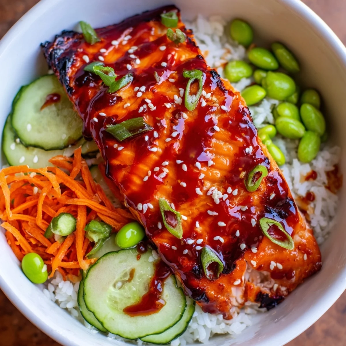 Caramelized salmon nestled over steamed rice with crisp cucumber and vibrant shredded carrots in sriracha honey glazed salmon bowls