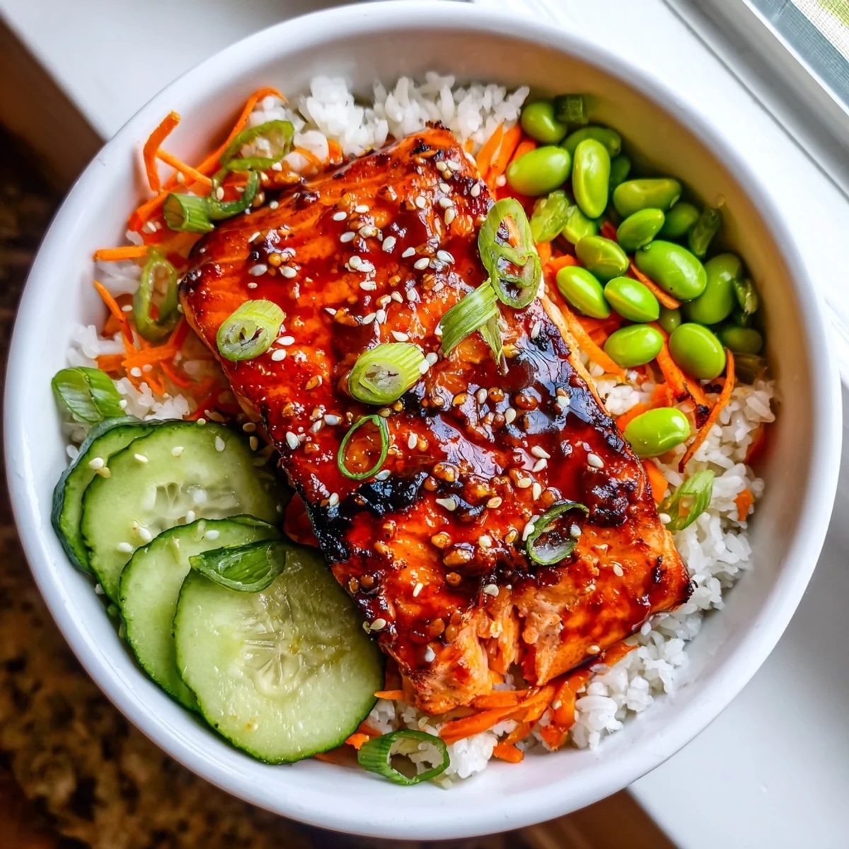 Glossy sriracha honey glazed salmon bowls topped with sesame seeds and fresh lime wedges