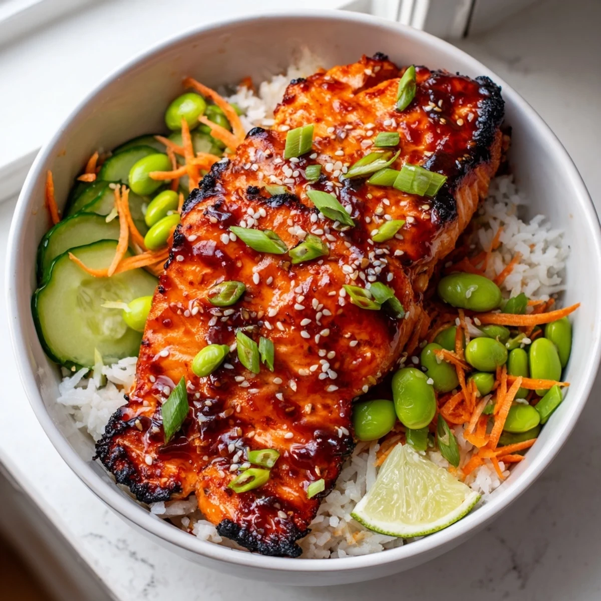 Golden glazed fillets resting on a bed of rice and edamame in these spicy sriracha honey glazed salmon bowls