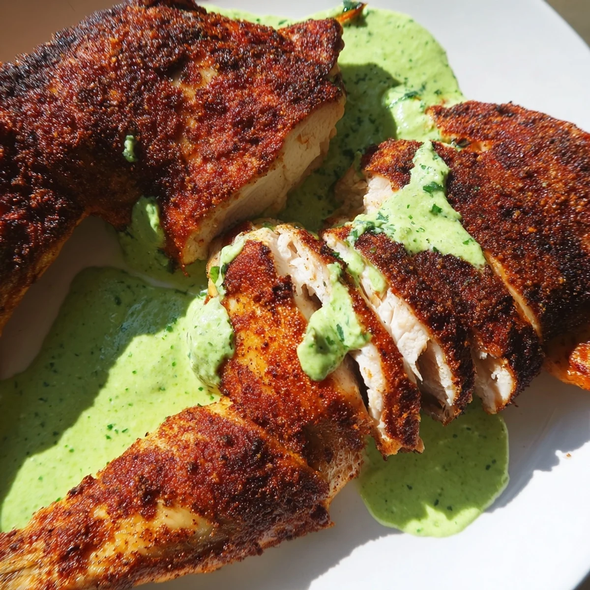 Juicy sliced Peruvian Chicken Delight drizzled with vibrant cilantro aji verde and roasted potatoes
