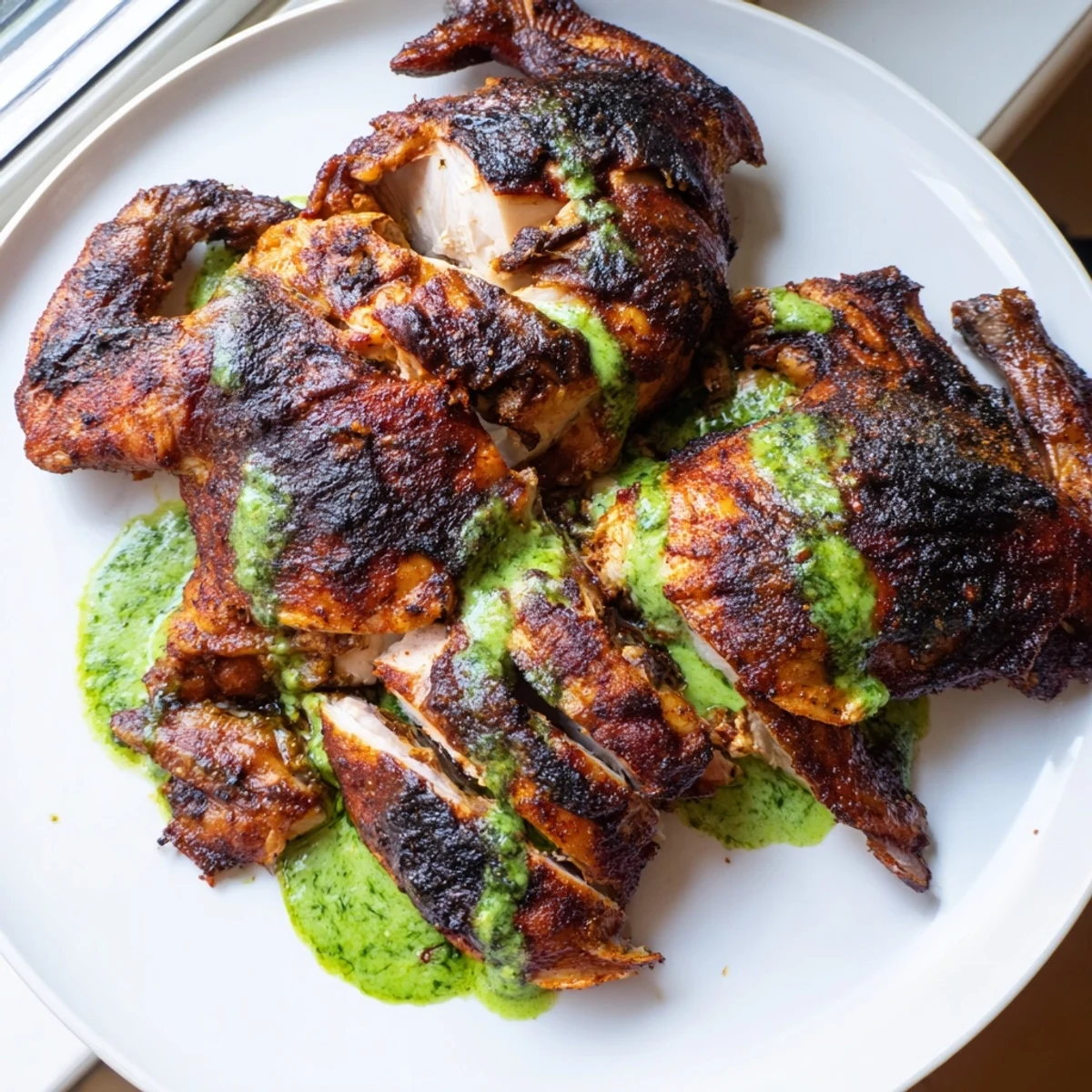 Golden Peruvian Chicken Delight with crispy skin and creamy green sauce on a rustic plate