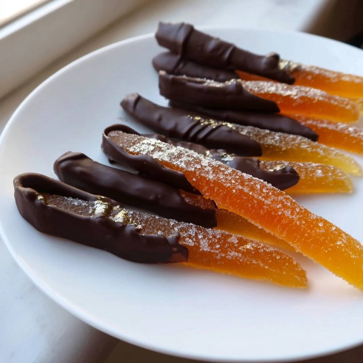 Glistening chocolate covered orange peels arranged on parchment paper, ready to enjoy