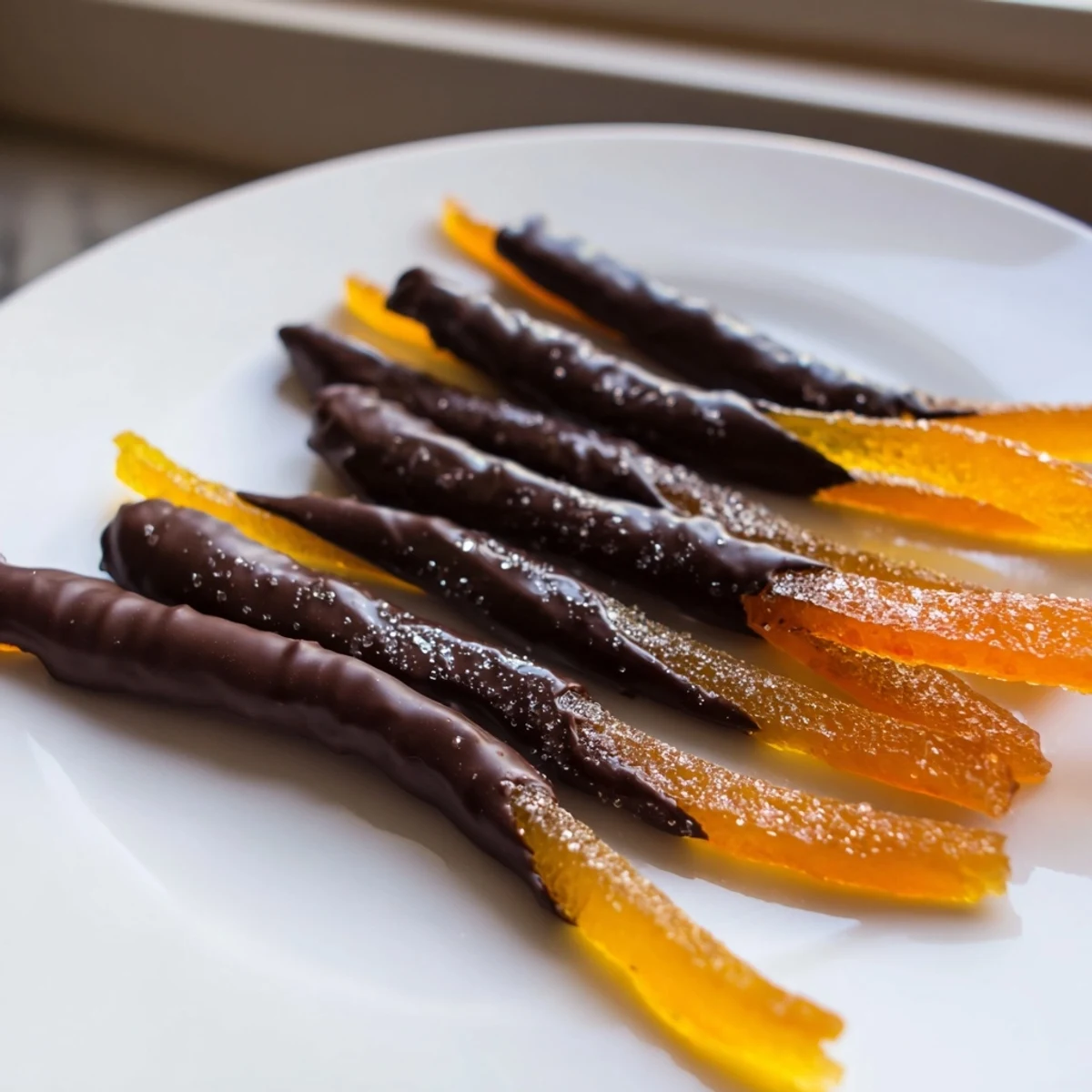 Candied orange peel strips dipped halfway in melted dark chocolate, cooling on a wire rack