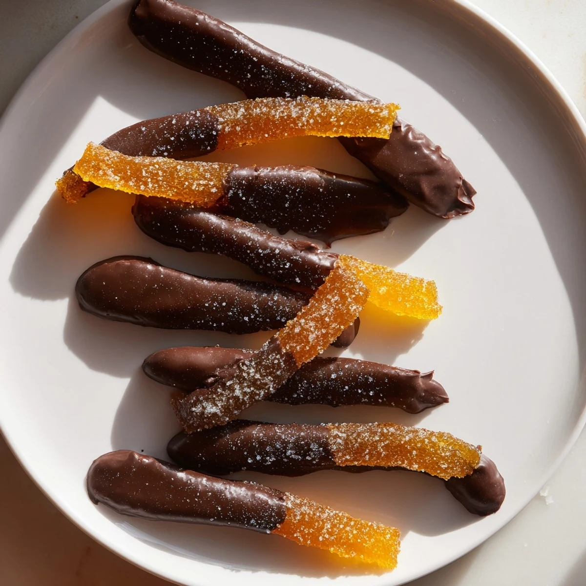 Dark chocolate covered orange peels stacked in a decorative tin alongside freshly brewed espresso