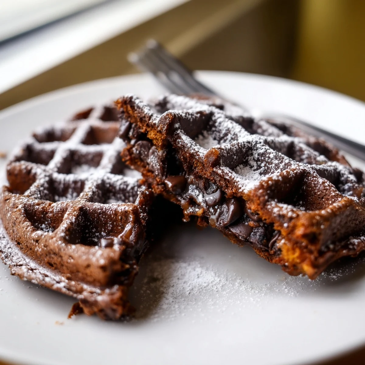 Fudgy Brownie Waffles with crisp golden edges topped with a powdered sugar dusting