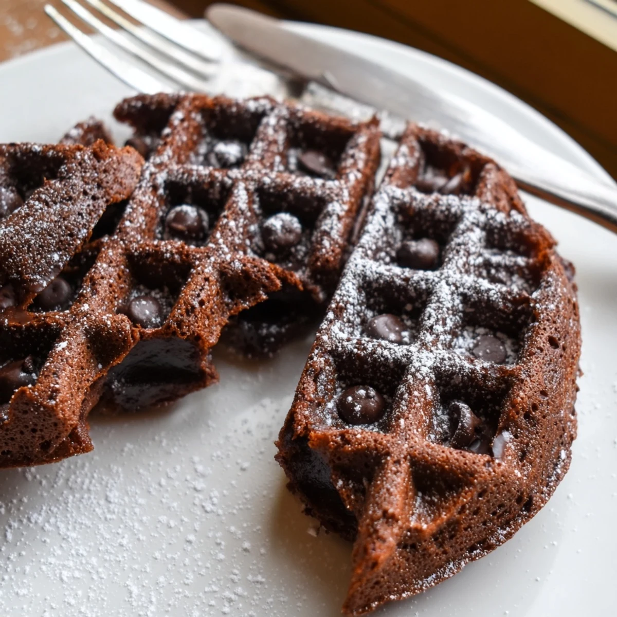Thick fudgy brownie waffles fresh off the iron served with vanilla ice cream