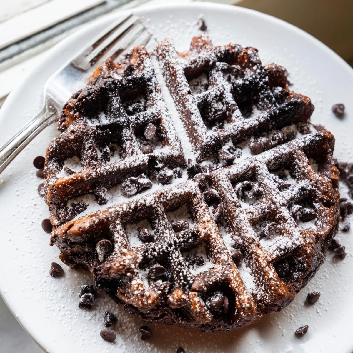 Warm fudgy brownie waffles on a plate drizzled with melted chocolate sauce