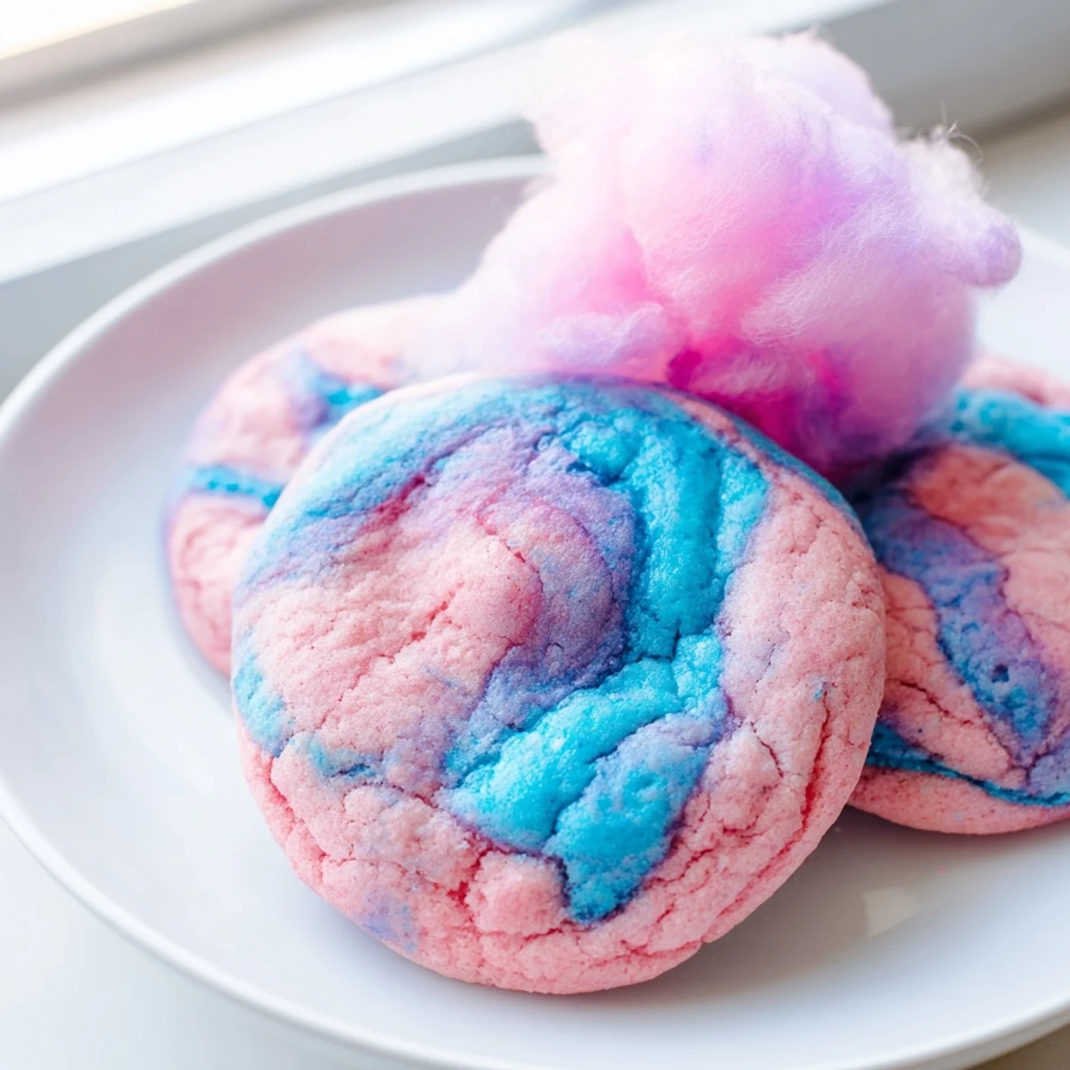 Chewy cotton candy cookies topped with fluffy spun sugar on a decorative plate