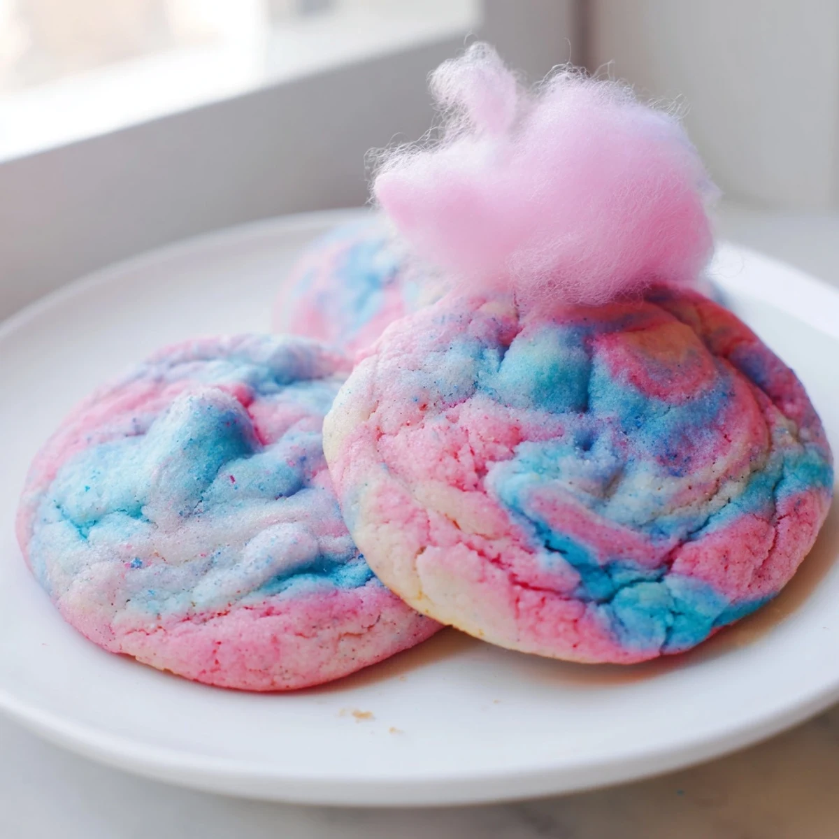 Warm cotton candy cookies on a parchment-lined baking sheet, beautifully swirled together