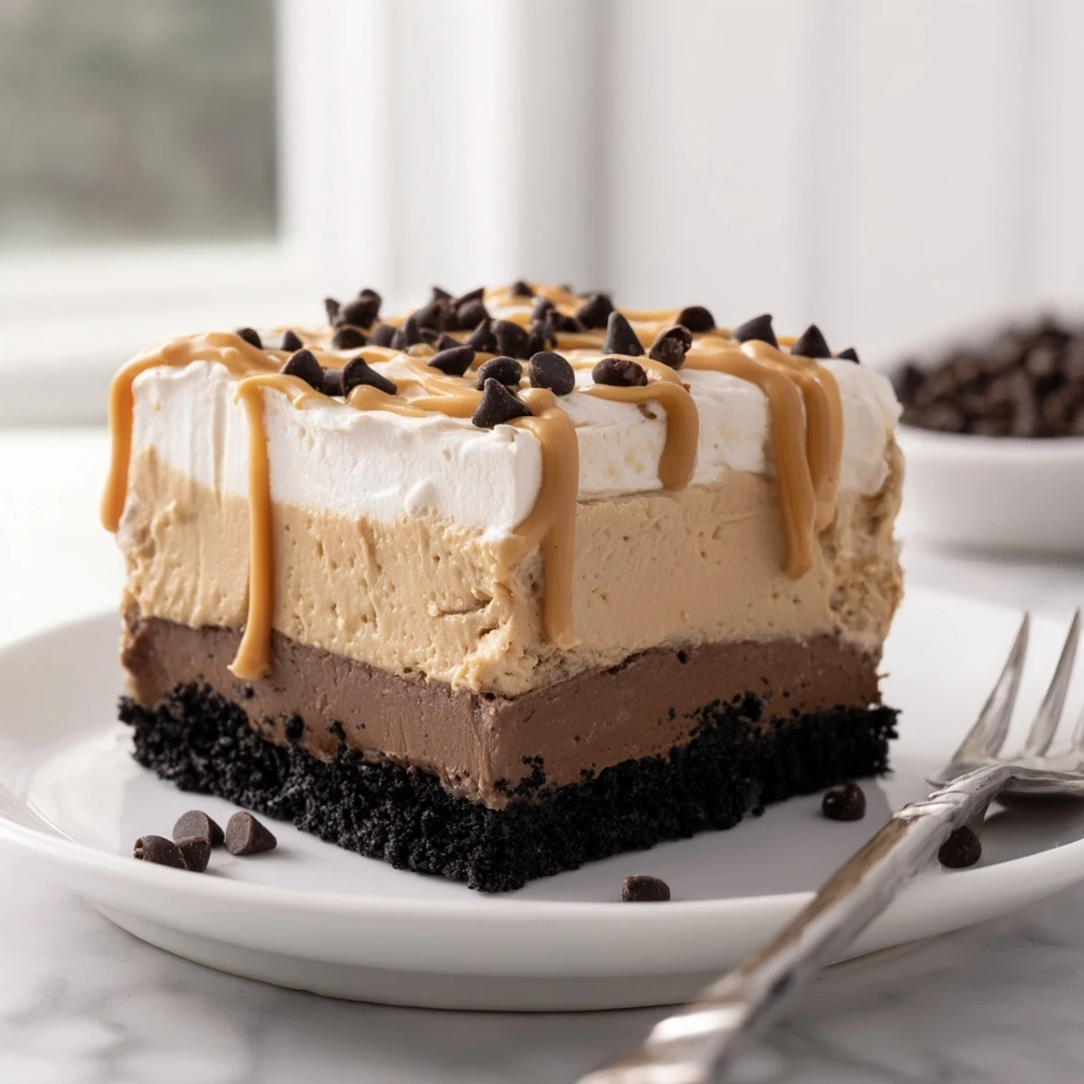 Creamy peanut butter layered delight with rich chocolate pudding in a glass baking dish