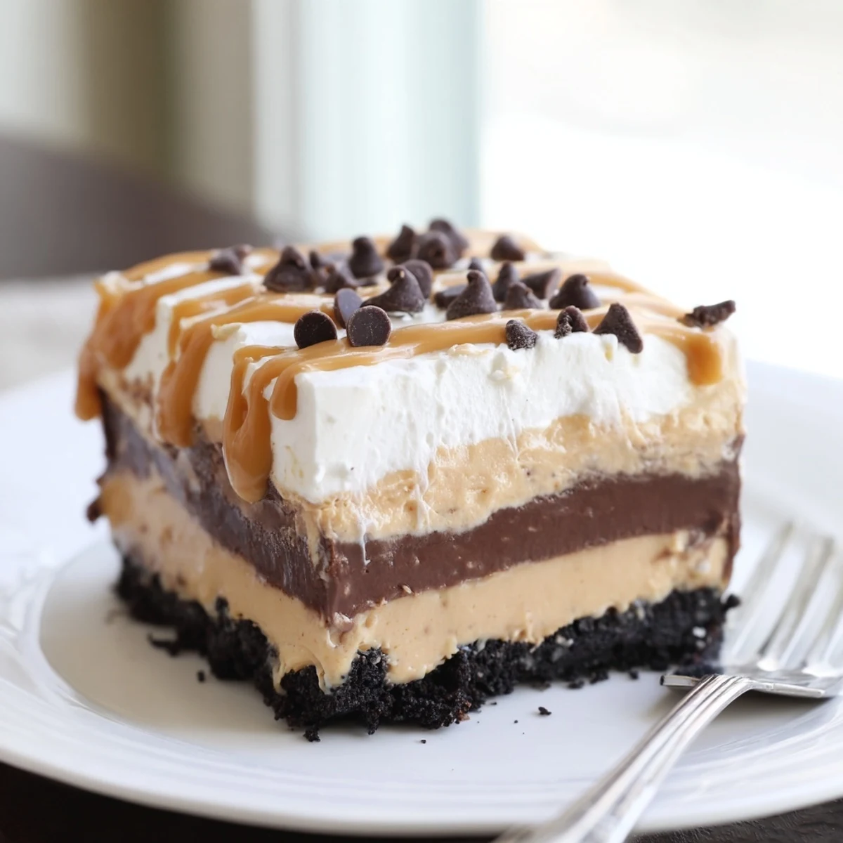 Decadent peanut butter layered delight topped with chocolate shavings and a smooth peanut butter drizzle
