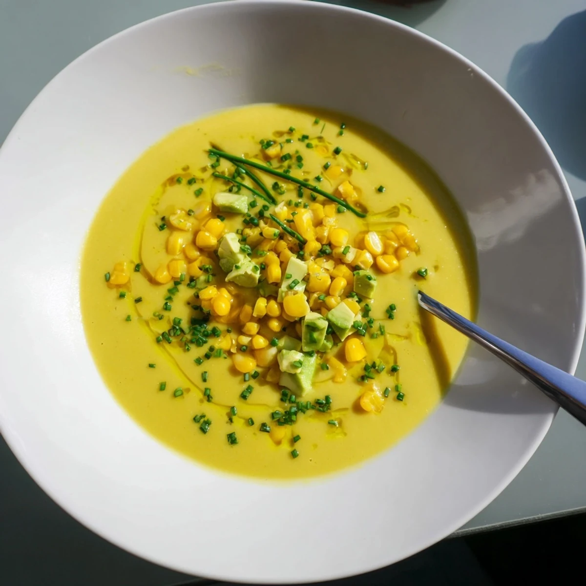 Vibrant yellow Summer Sweet Corn Gazpacho topped with fresh herbs and olive oil drizzle