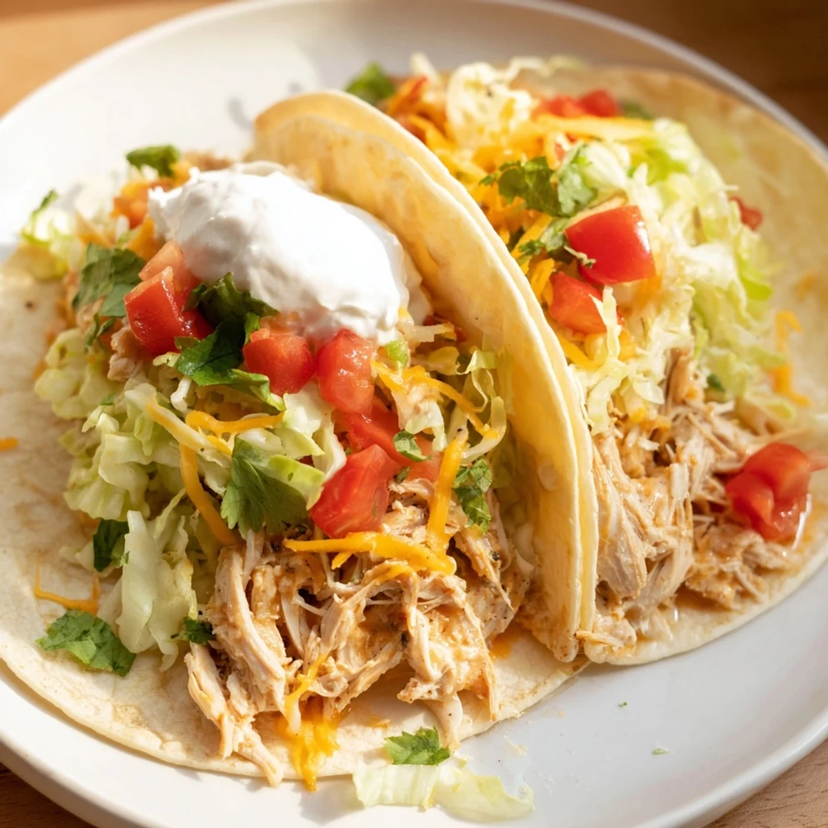 Juicy slow cooker ranch chicken tacos topped with melted cheddar and fresh cilantro