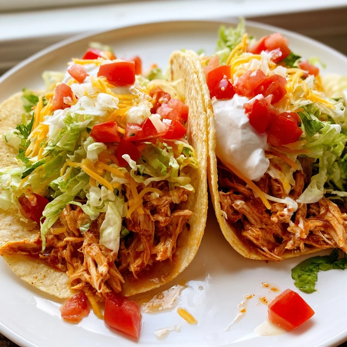 Shredded slow cooker ranch chicken tacos loaded with sour cream in warm tortillas