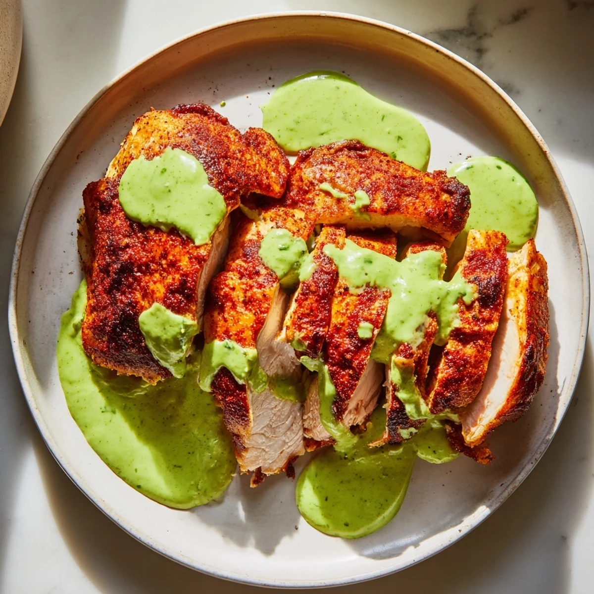 Golden roasted Peruvian Chicken Delight with crispy skin and vibrant green aji sauce