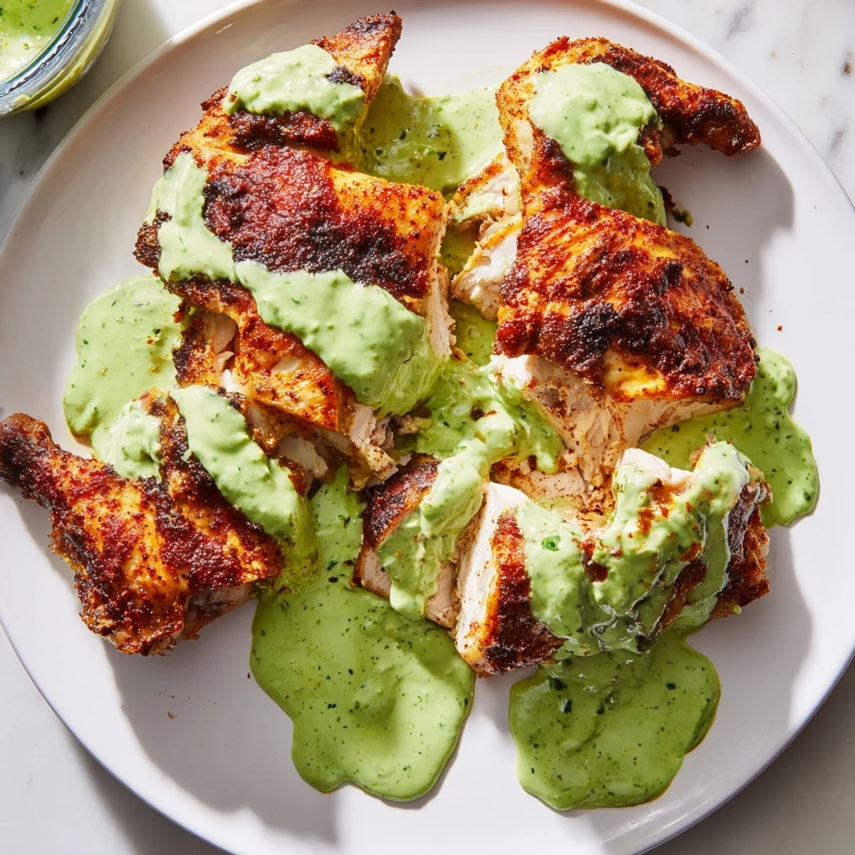 Juicy slices of Peruvian Chicken Delight drizzled with creamy cilantro jalapeño sauce