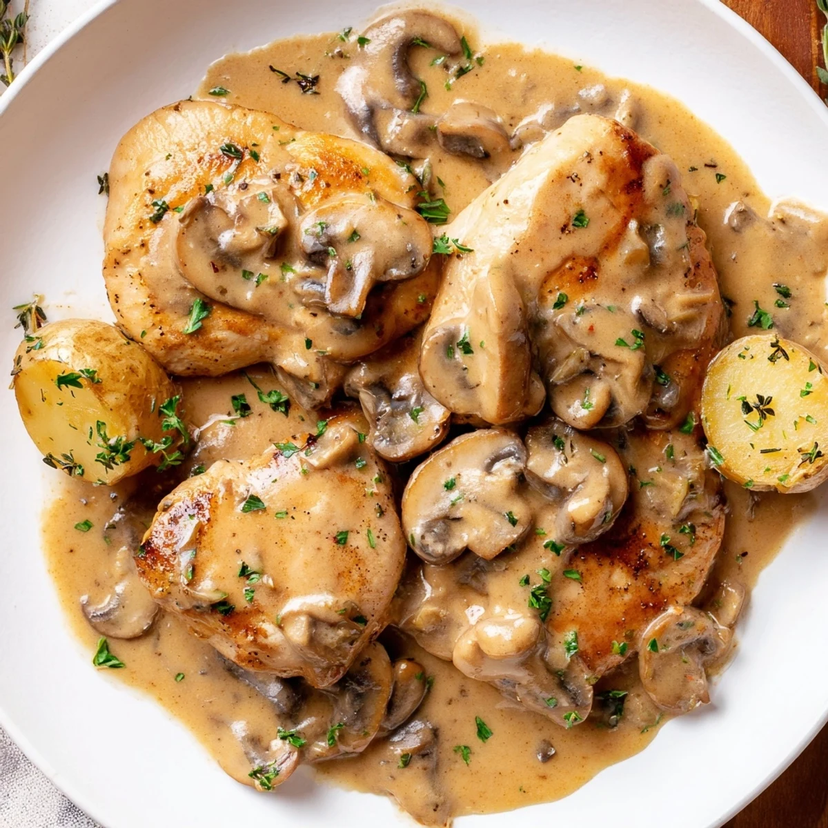 Creamy mushroom chicken smothered in rich sauce with golden herb-roasted potatoes on a rustic plate