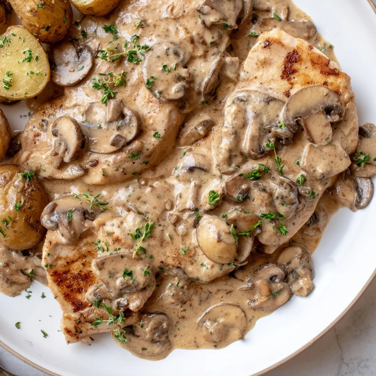 Pan-seared creamy mushroom chicken swimming in a velvety garlic thyme sauce beside crispy potatoes