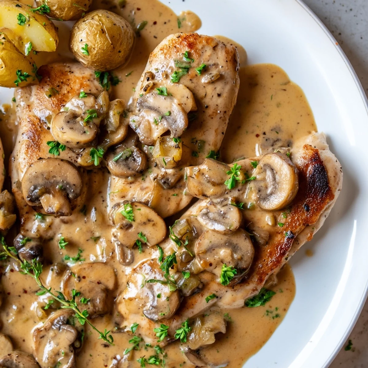 Juicy creamy mushroom chicken topped with fresh parsley served next to crunchy rosemary potatoes