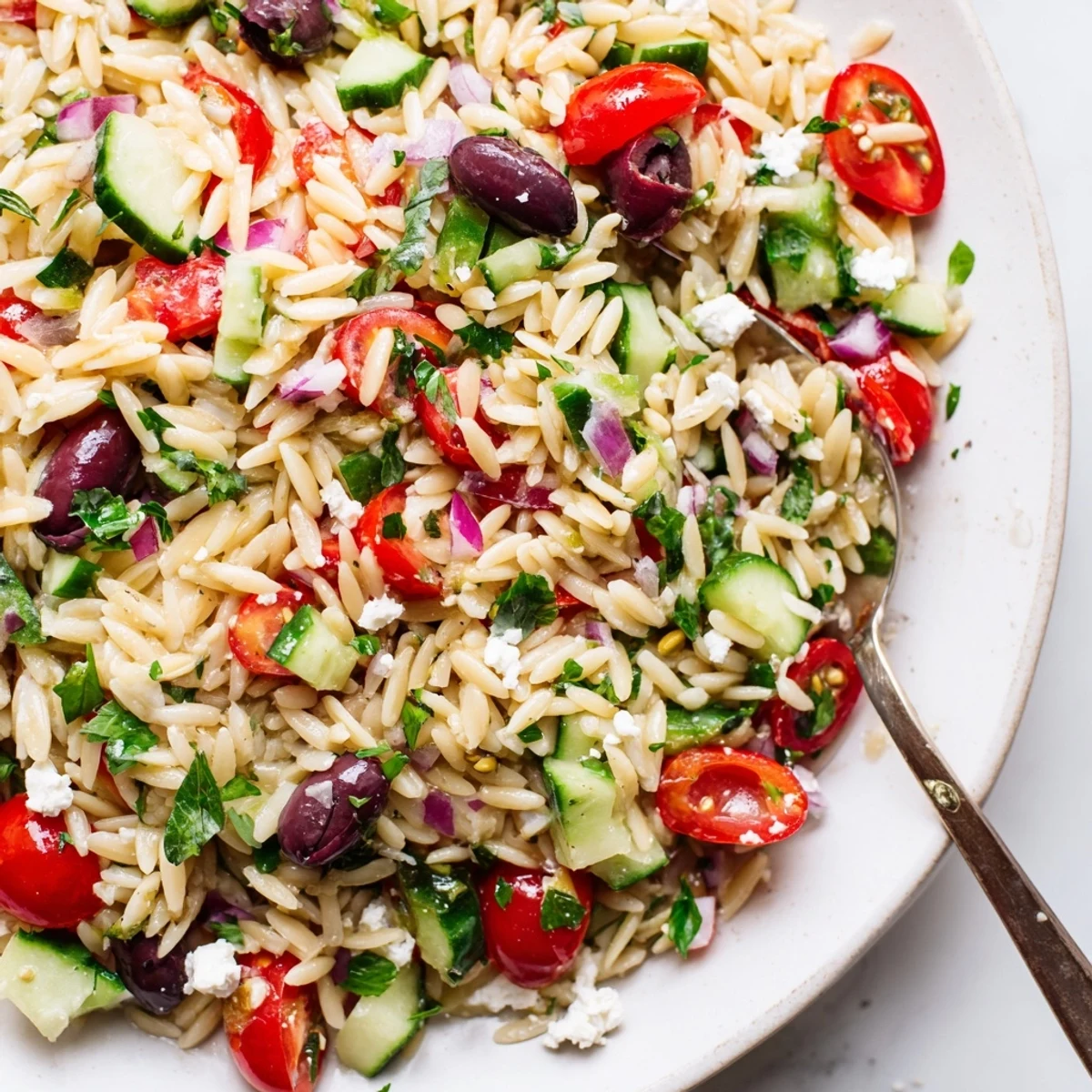 Close-up of Juicy Mediterranean Orzo Pasta Salad studded with cherry tomatoes, cucumber, and crumbled feta, served in individual Mason jars at an outdoor summer gathering