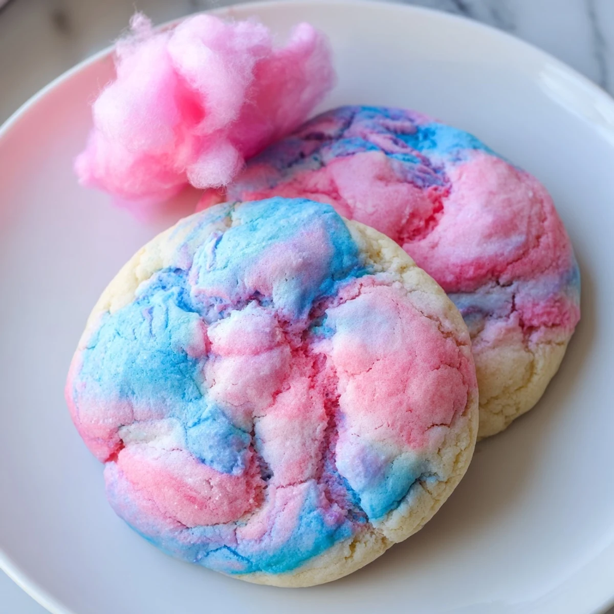 Swirled pink and blue cotton candy cookies with soft centers on a white plate