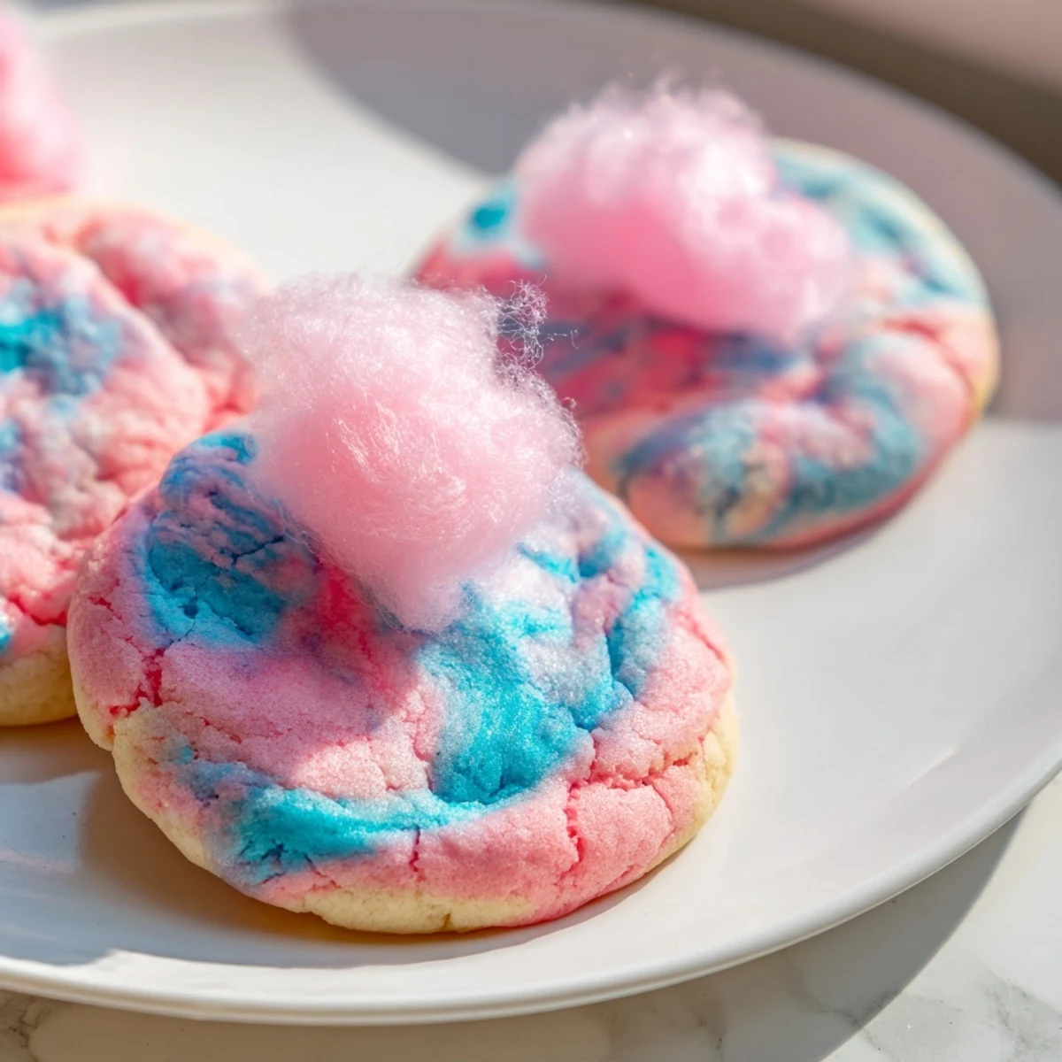 Soft pastel cotton candy cookies topped with fluffy spun sugar garnish