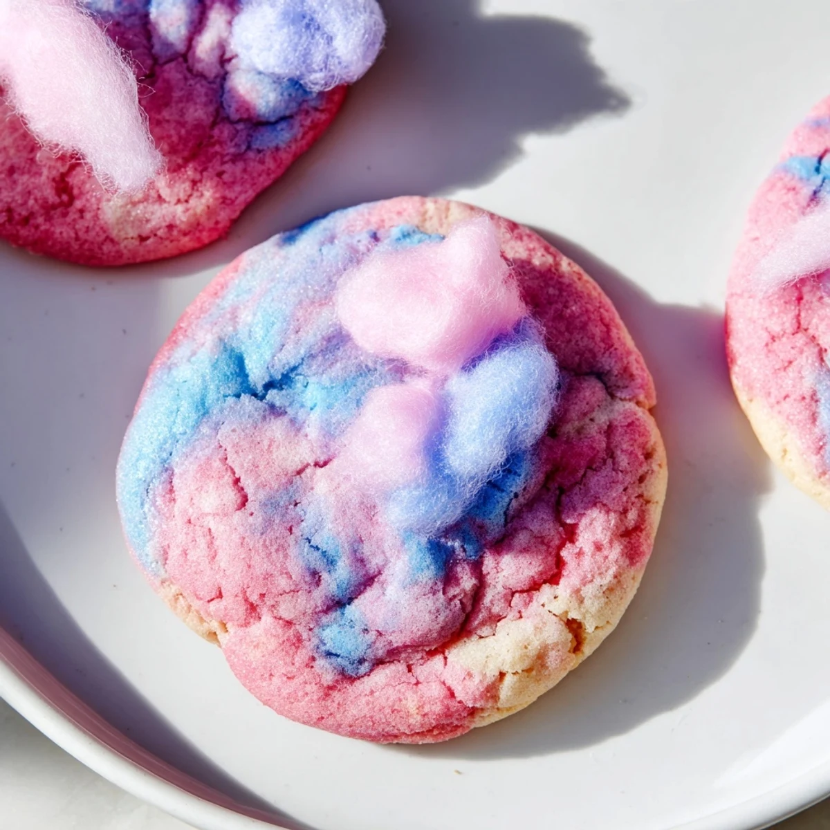 Marbled cotton candy cookies with chewy edges arranged on parchment for baking