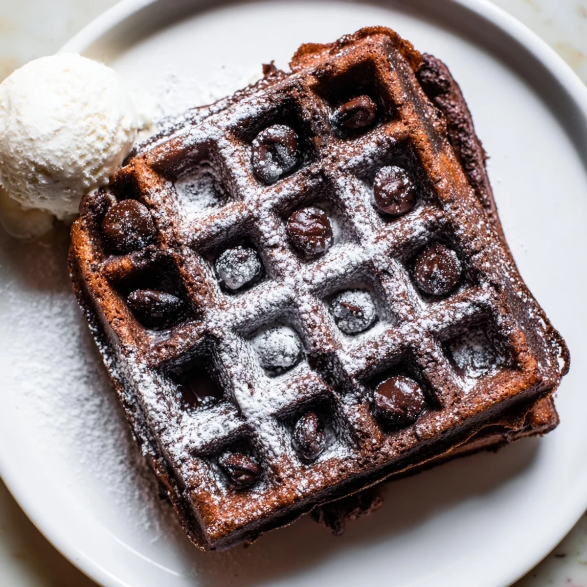 Warm fudgy brownie waffles served fresh from the iron with powdered sugar