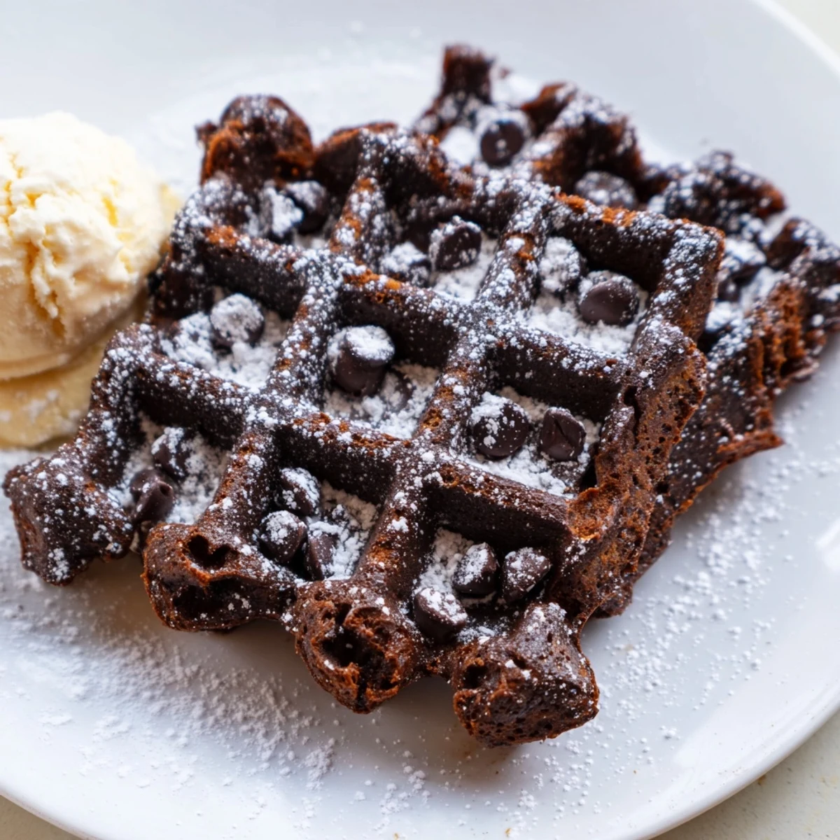 Fudgy brownie waffles with crisp edges topped with melting chocolate chips